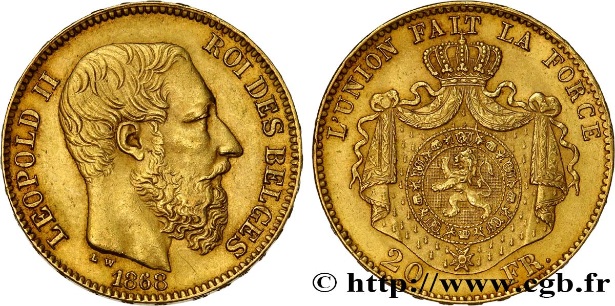 BELGIQUE 20 Francs or Léopold II 1868 Bruxelles TTB+ 