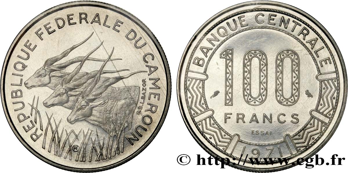 CAMEROUN Essai de 100 Francs République Fédérale du Cameroun, antilopes 1971 Paris FDC 