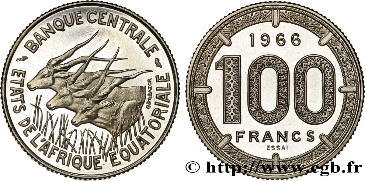 ÉTATS DE L AFRIQUE ÉQUATORIALE Essai de 100 Francs antilopes 1966  SPL 