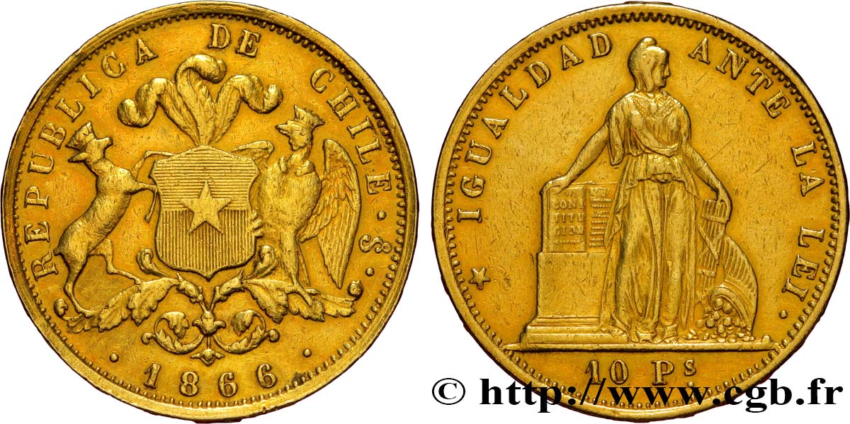 CHILE 10 Pesos 1866 Santiago XF 