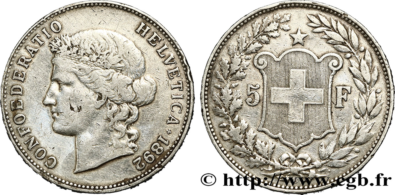 SWITZERLAND 5 Francs Helvetia 1892 Berne VF 
