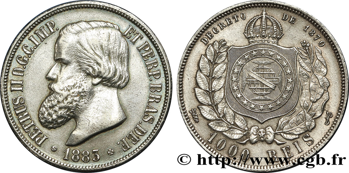 BRÉSIL 1000 Reis Pierre II 1883  TTB+ 
