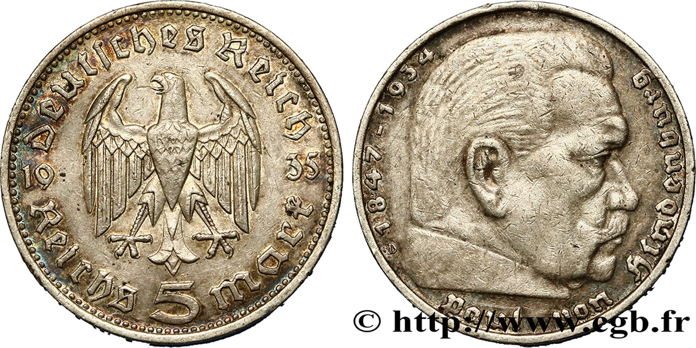 ALEMANIA 5 Reichsmark Aigle / Maréchal Paul von Hindenburg 1935 Munich MBC+ 