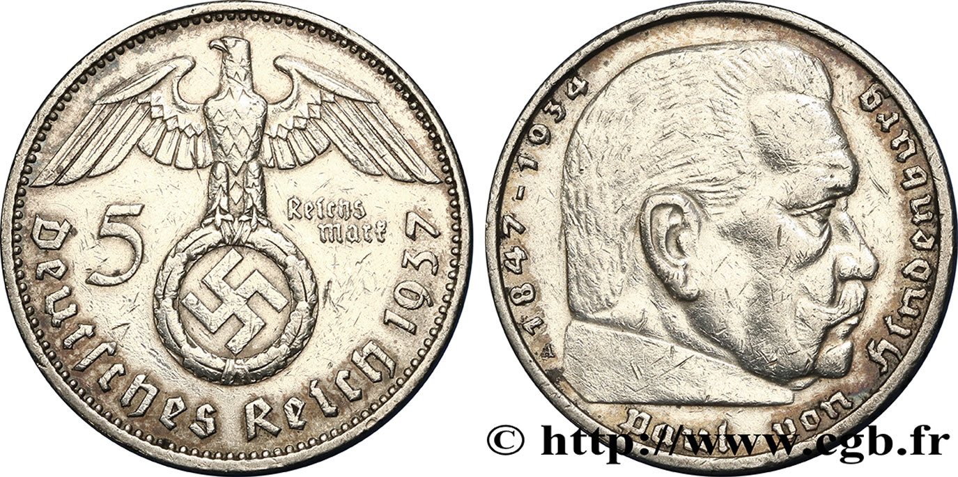 ALLEMAGNE 5 Reichsmark aigle surmontant une swastika / Maréchal Paul von Hindenburg 1937 Berlin TTB 