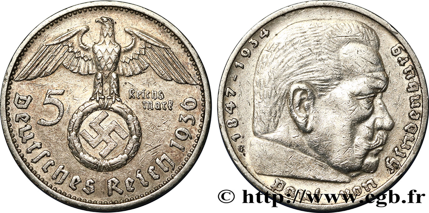 ALLEMAGNE 5 Reichsmark Maréchal Paul von Hindenburg 1936 Hambourg - J TTB 