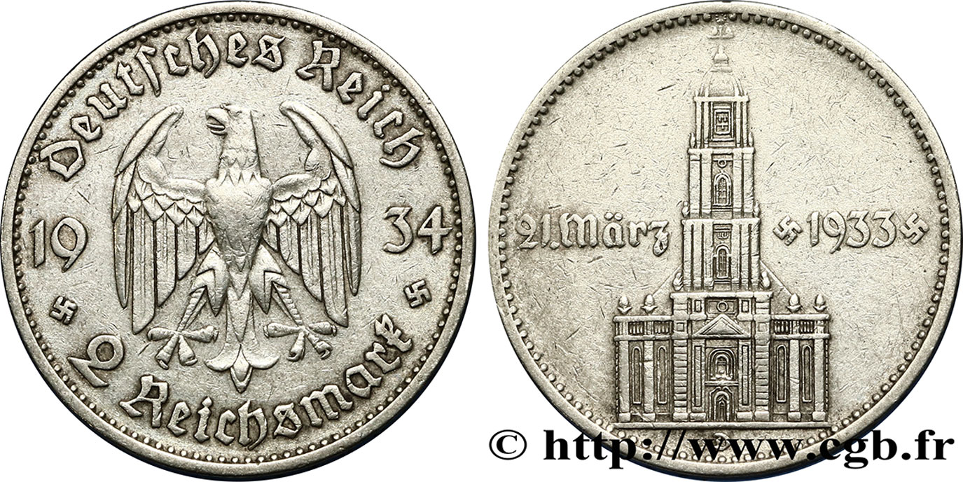 GERMANY 2 Reichsmark Commémoration du serment du 21 mars 1933 en l’église de la garnison de Potsdam 1934 Munich XF 
