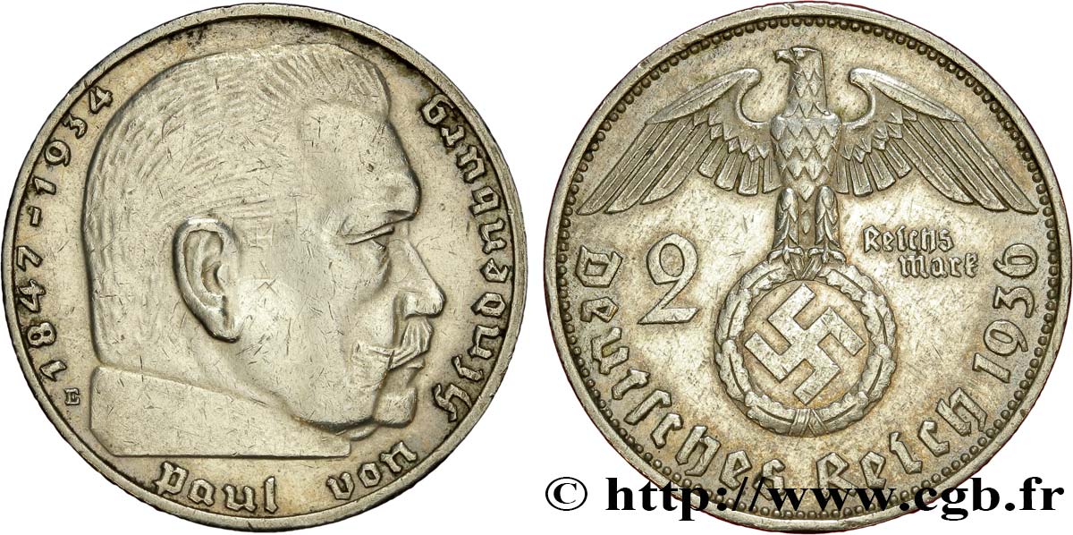 ALLEMAGNE 2 Reichsmark aigle surmontant une swastika / Maréchal Paul von Hindenburg 1936 Muldenhütten - E TTB 