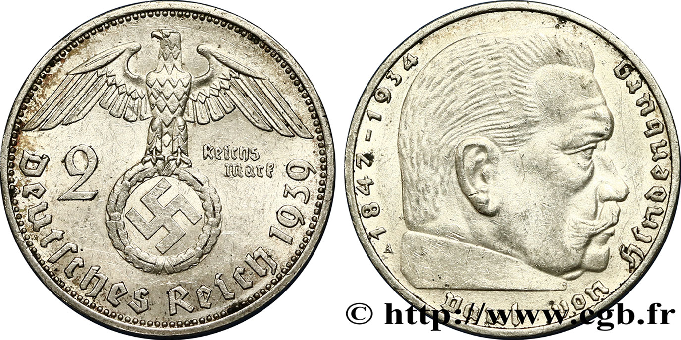 DEUTSCHLAND 2 Reichsmark aigle surmontant une swastika / Maréchal Paul von Hindenburg 1939 Berlin fVZ 