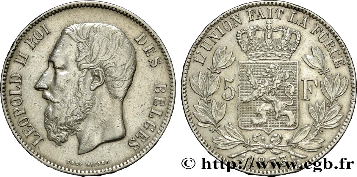 BÉLGICA 5 Francs Léopold II 1873  BC+ 