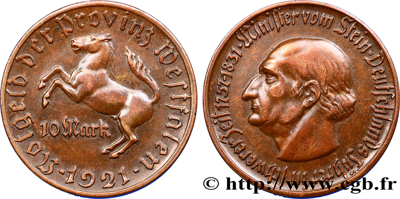 ALEMANIA 10 Mark Landesbank der Provinz Westphalen 1921  EBC 