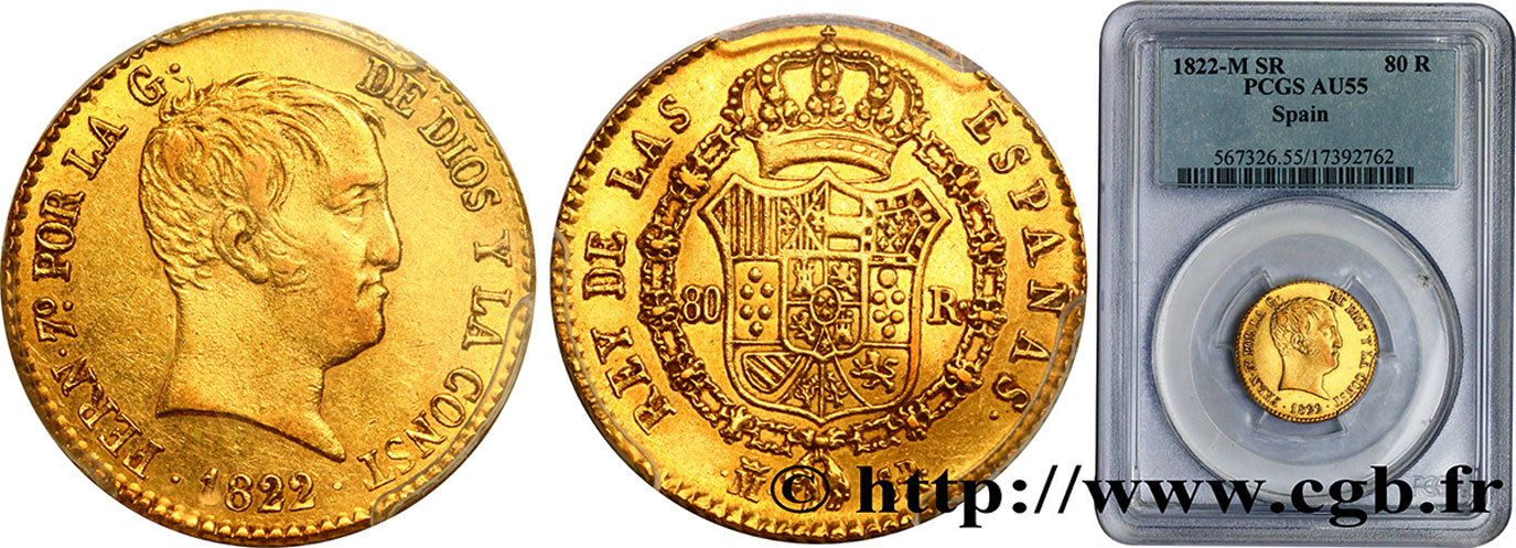 SPAIN - KINGDOM OF SPAIN - FERDINAND VII 80 Reales 1822 Madrid AU55 PCGS