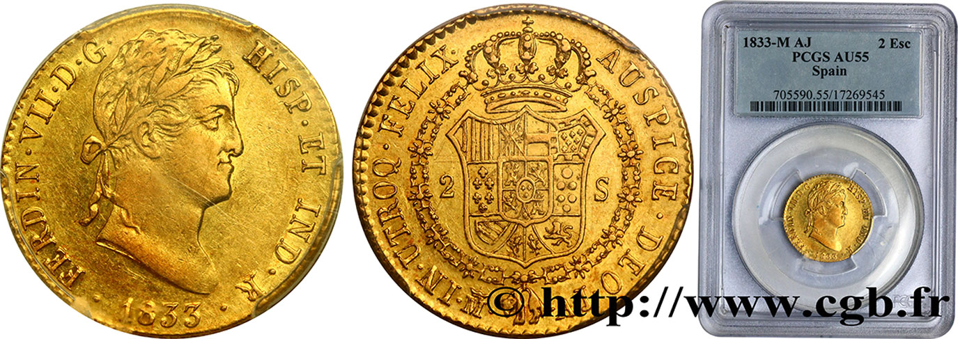 SPAIN - KINGDOM OF SPAIN - FERDINAND VII 2 Escudos 1833 Madrid AU55 PCGS