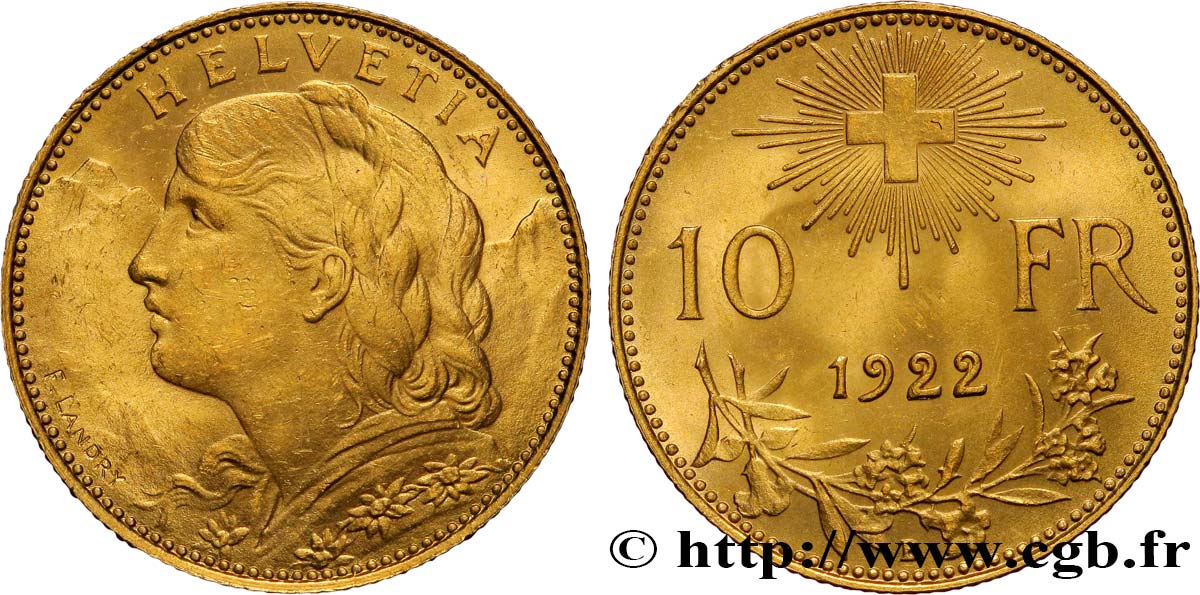 SWITZERLAND 10 Francs or  Vreneli  1922 Berne MS 