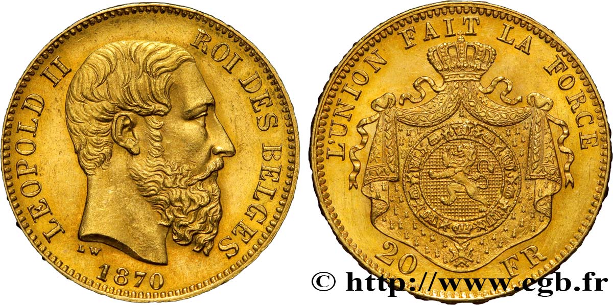 BELGIQUE 20 Francs or Léopold II 1870 Bruxelles SUP 