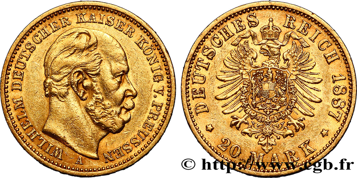GERMANIA - PRUSSIA 20 Mark Guillaume Ier, 2e type 1887 Berlin q.SPL 
