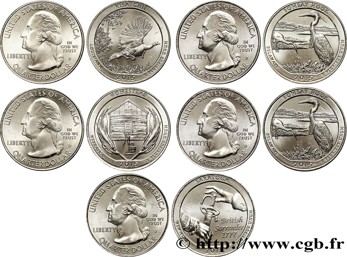 UNITED STATES OF AMERICA Série complète des 5 monnaies de 1/4 de Dollar 2015 2015 Denver - D MS 