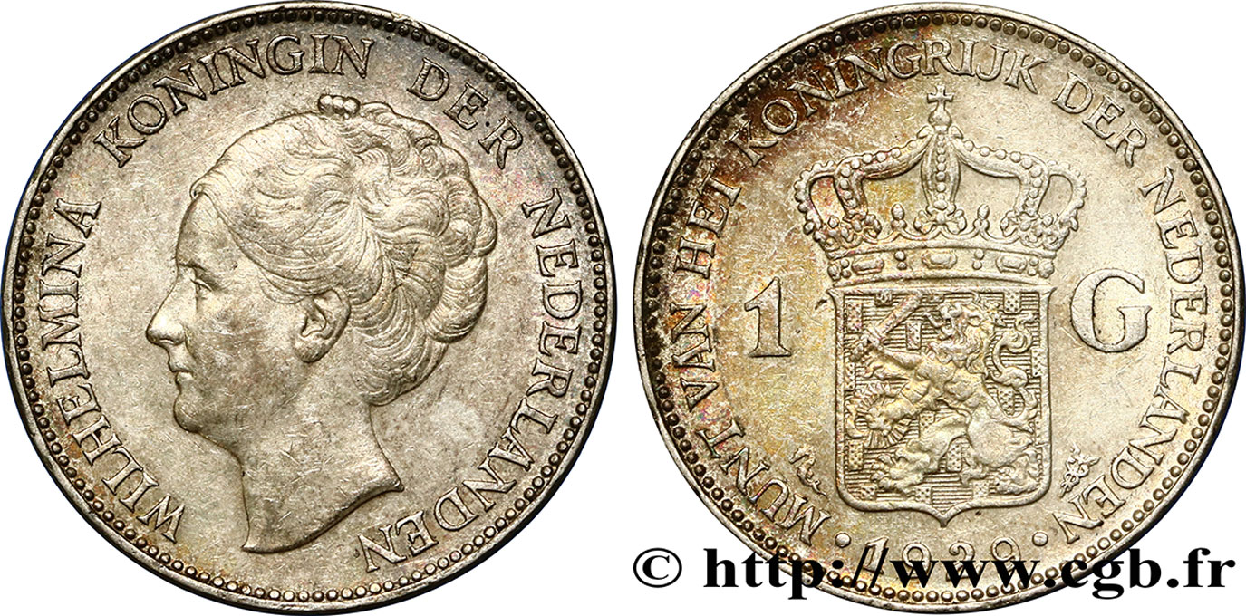 NETHERLANDS 1 Gulden Wilhelmina 1929  AU 