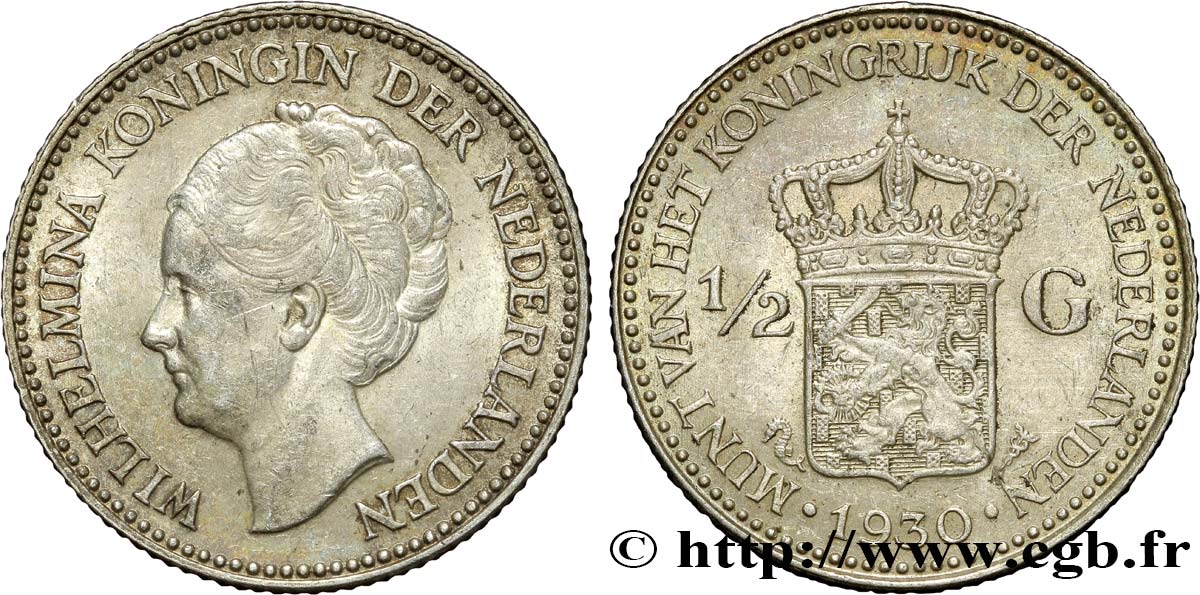 NIEDERLANDE 1/2 Gulden Wilhelmina 1930  VZ 