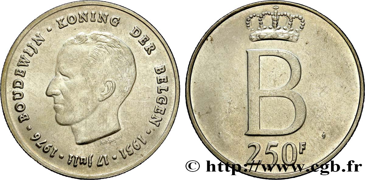 BELGIEN 250 Francs jubilé d’argent du roi Baudouin légende flamande 1976 Bruxelles VZ 