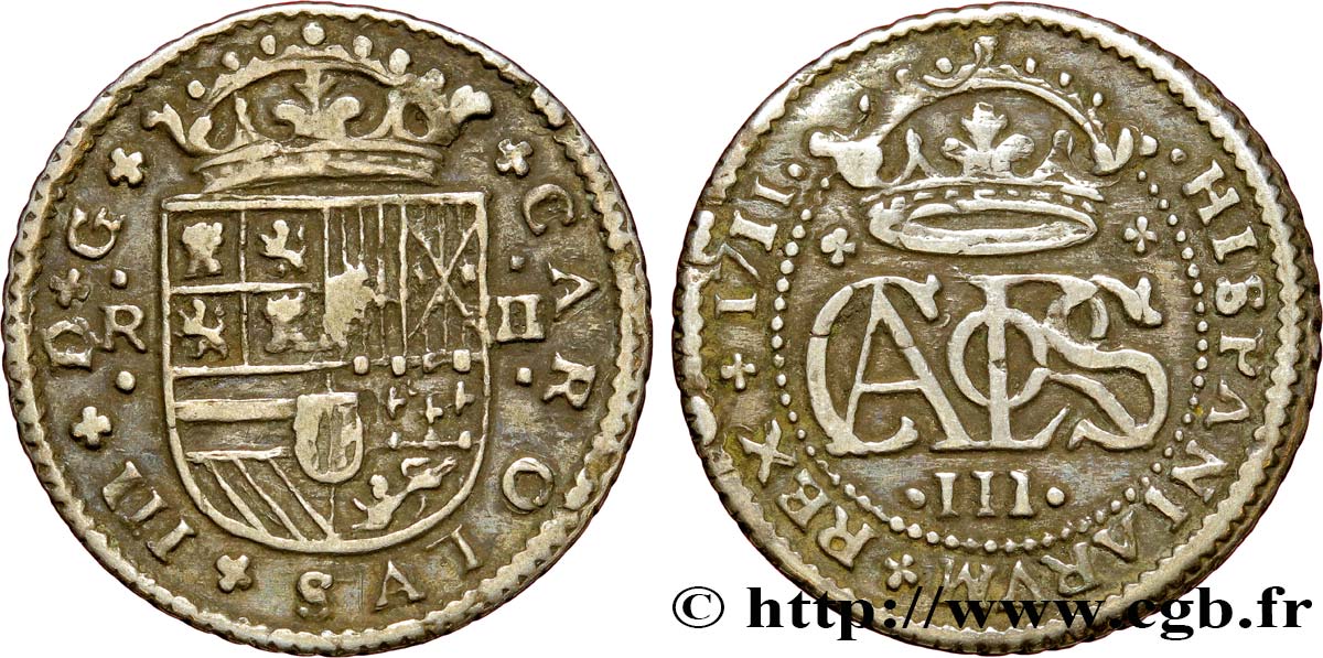 ESPAGNE 2 Reales Charles III 1711 Barcelone TTB 