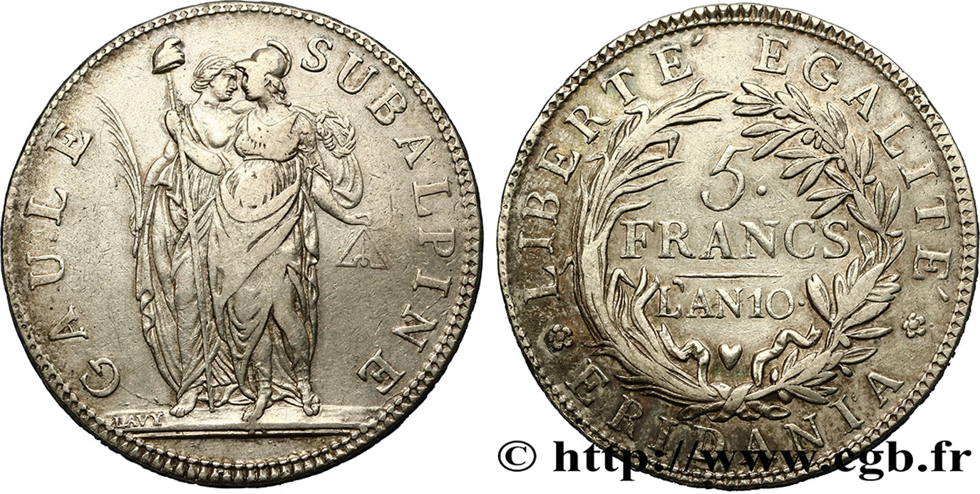 ITALIEN - SUBALPINISCHE  5 Francs an 10 1802 Turin SS/fVZ 