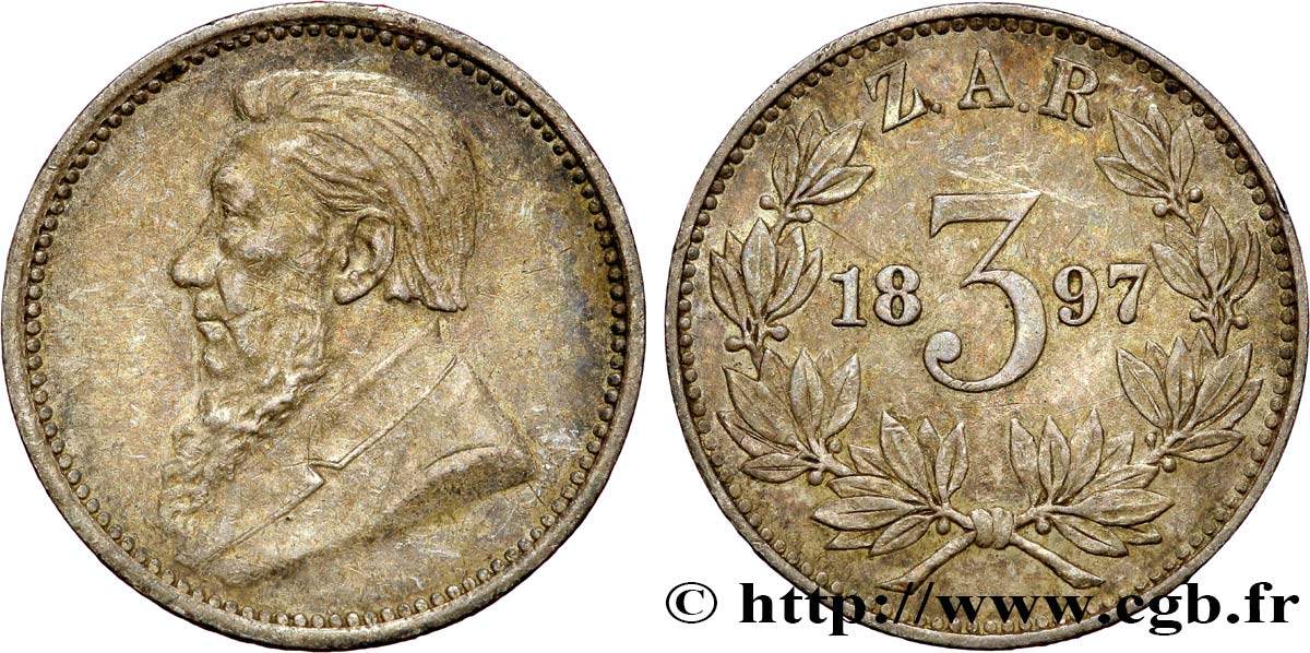 AFRIQUE DU SUD 3 Pence Kruger 1897  TTB+ 
