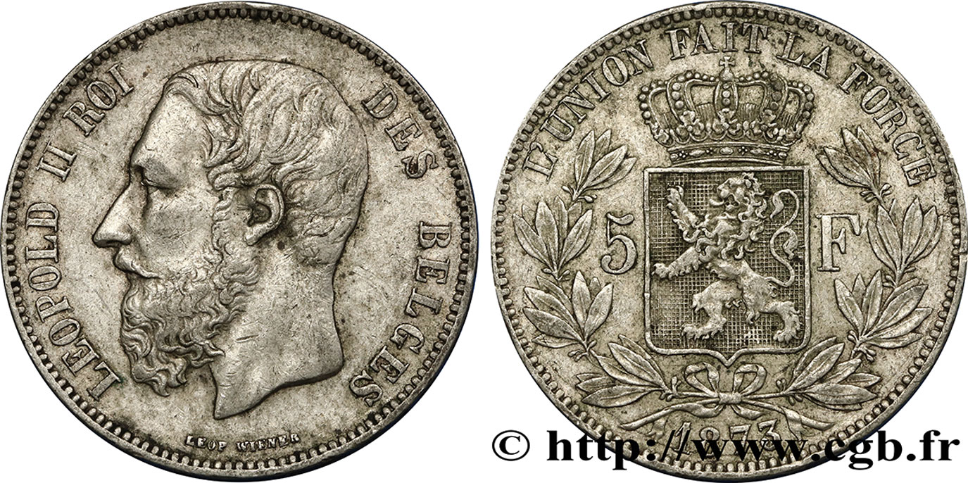 BELGIQUE 5 Francs Léopold II 1873  TB+ 