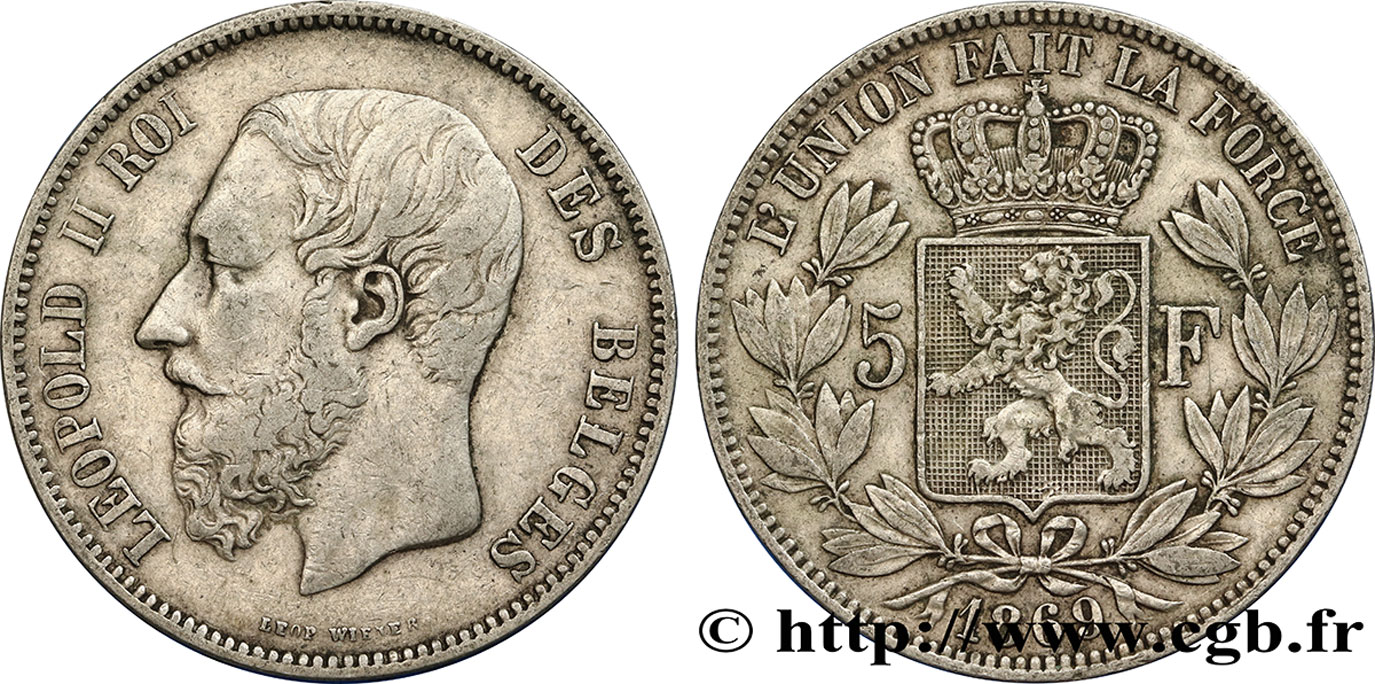 BELGIQUE 5 Francs Léopold II 1869  TTB 