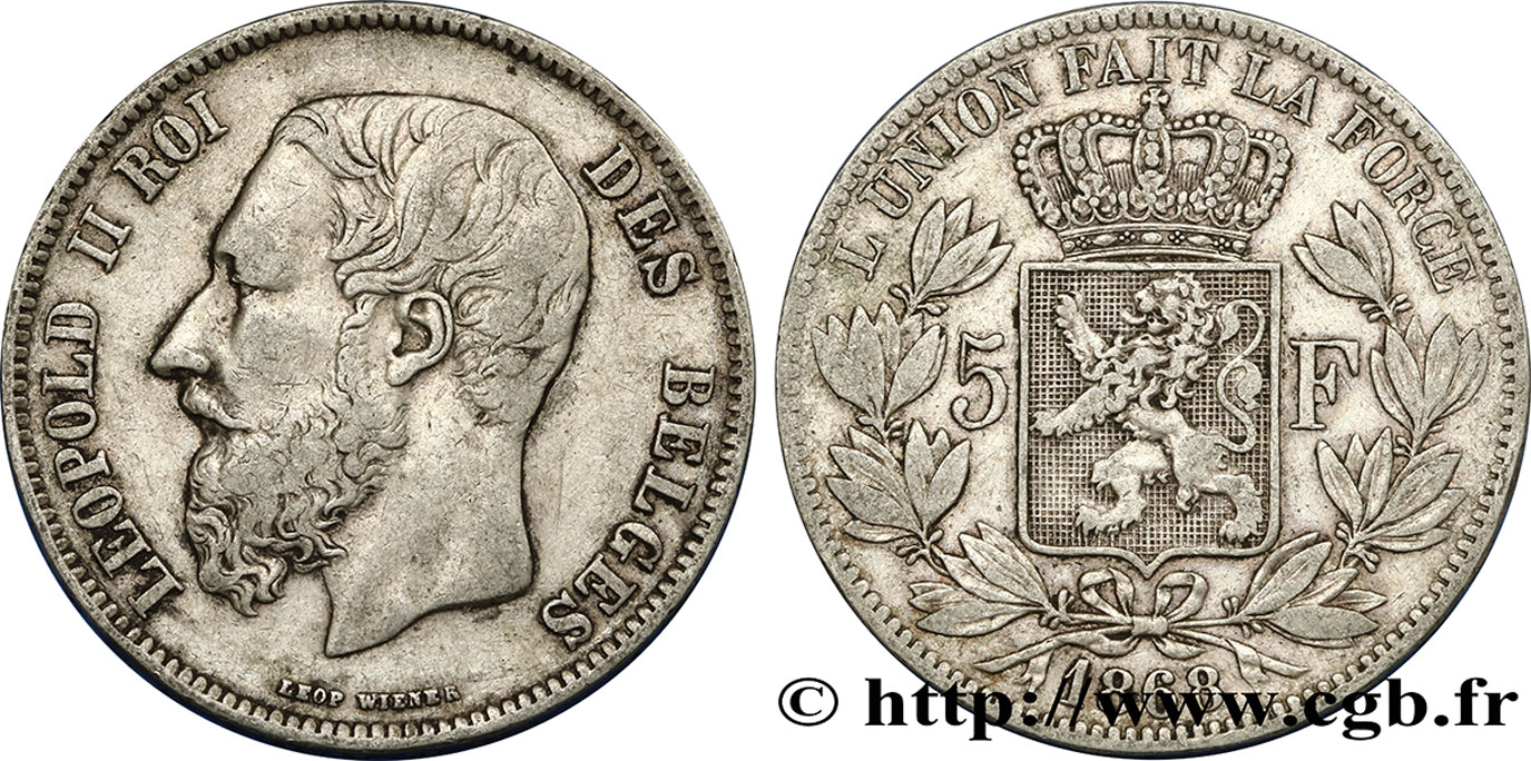 BELGIQUE 5 Francs Léopold II  1868  TB+ 