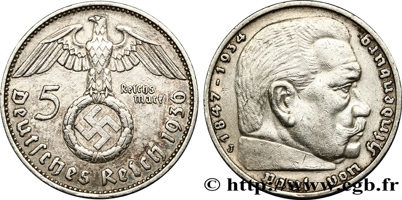 ALLEMAGNE 5 Reichsmark Maréchal Paul von Hindenburg 1936 Hambourg TTB+ 