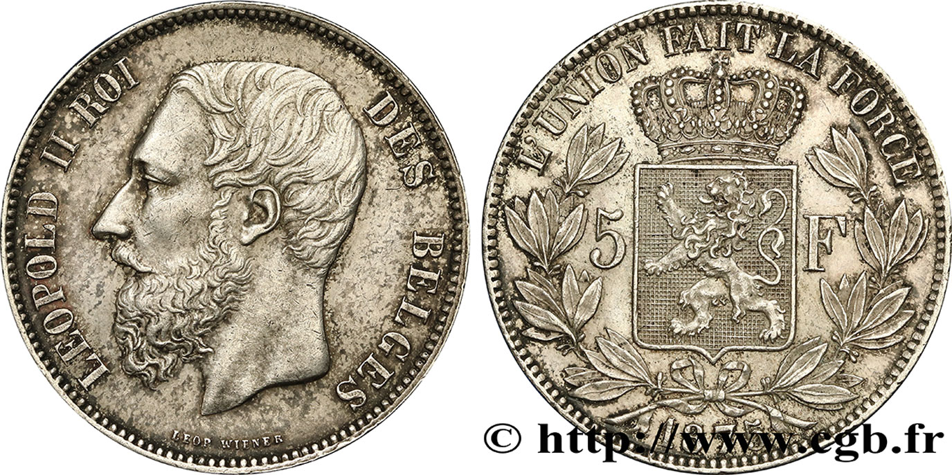 BELGIQUE 5 Francs Léopold II 1875  SUP 