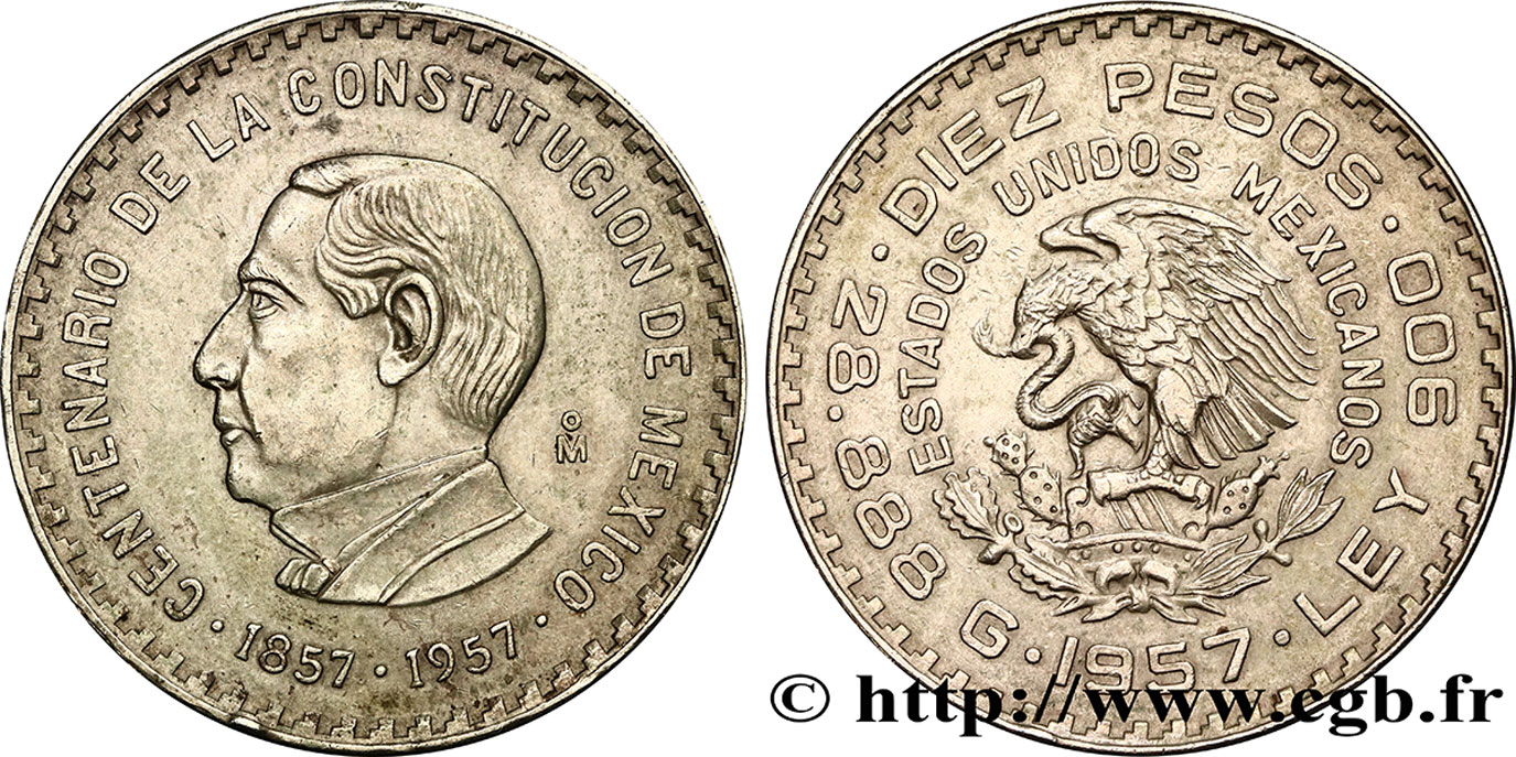 MEXIQUE 10 Pesos Centenaire de la Constitution 1957 Mexico TTB+ 