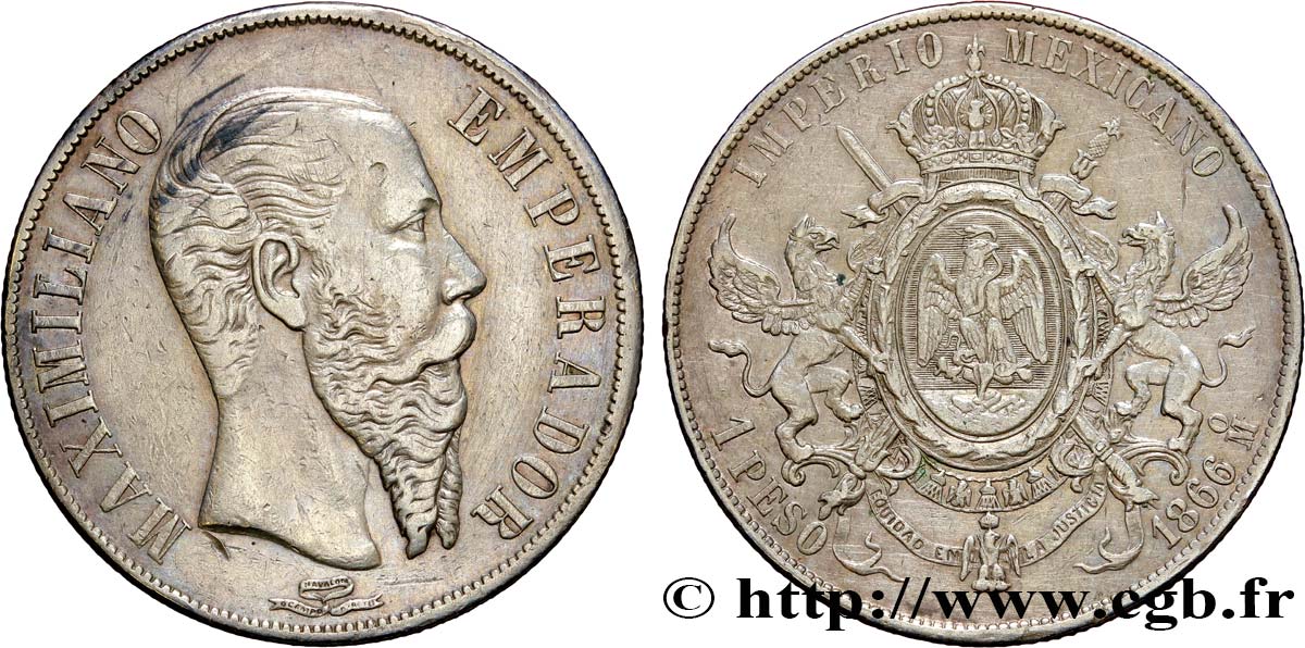 MEXIQUE 1 Peso Empereur Maximilien 1866 Mexico TTB 