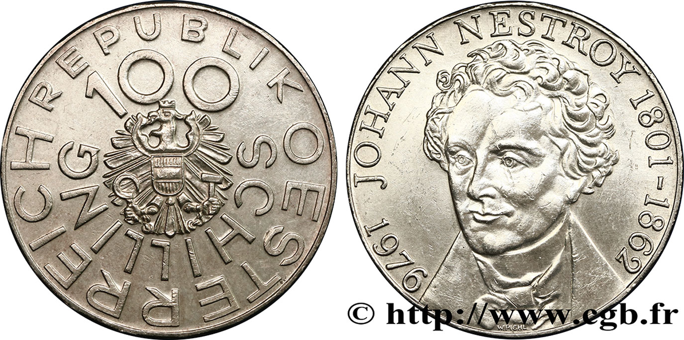 ÖSTERREICH 100 Schilling 175e anniversaire de la naissance de Johann Nestroy, comédien et dramaturge viennois 1976 monnaie nettoyée VZ 