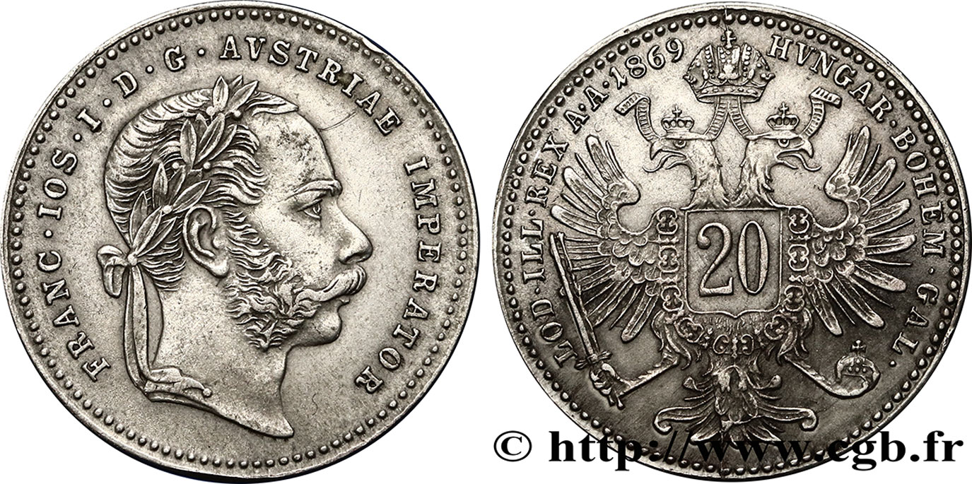 AUSTRIA 20 Kreuzer Empereur François-Joseph Ier tête laurée / aigle bicéphale 1869 Vienne EBC 