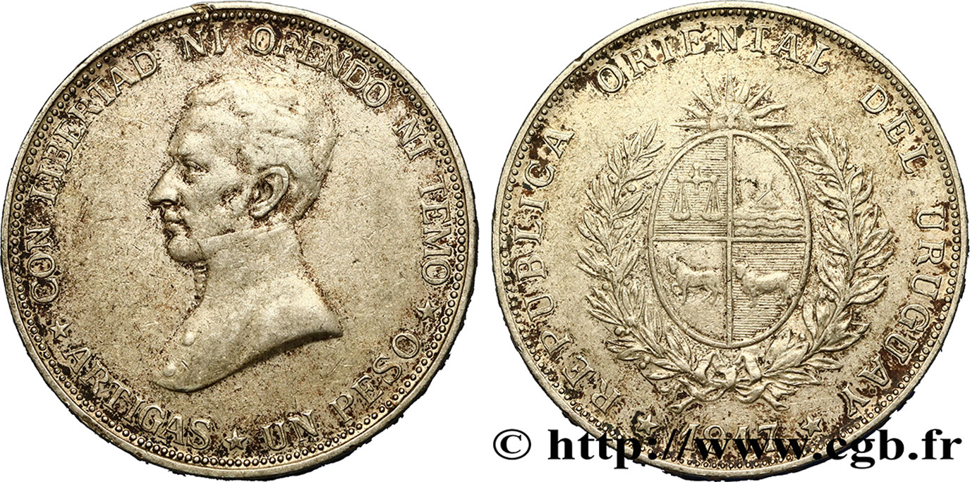URUGUAY 1 Peso Gaucho Jose Gervasio Artigas 1917  TTB+ 