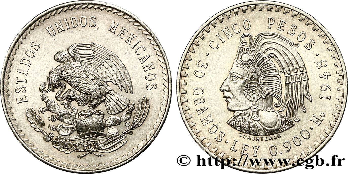 MÉXICO 5 Pesos Buste de Cuauhtemoc 1948 Mexico EBC 