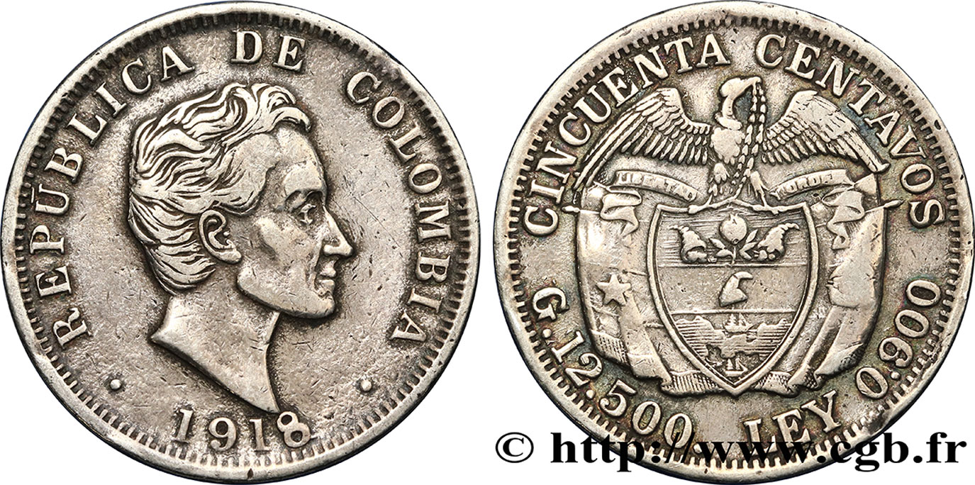 COLOMBIE 50 Centavos emblème Simon Bolivar 1918 Birmingham TB+ 