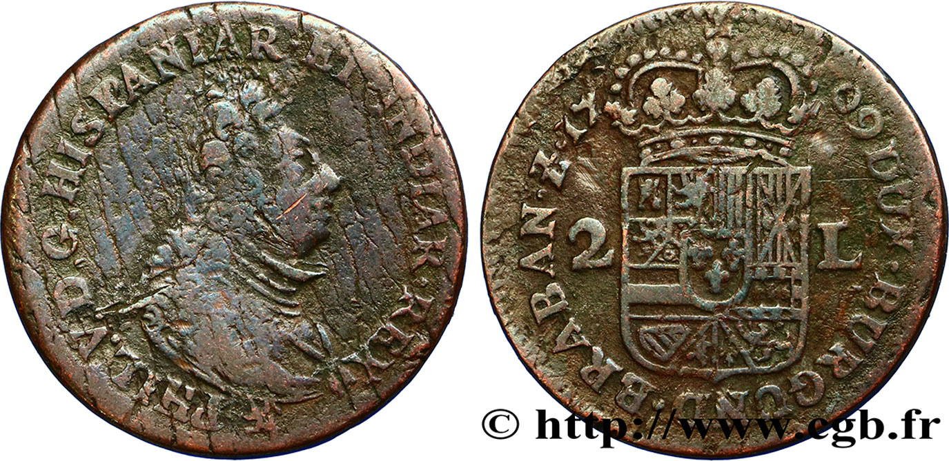 BELGIEN - NAMUR 2 Liards Philippe V d’Espagne 1709 Namur S 