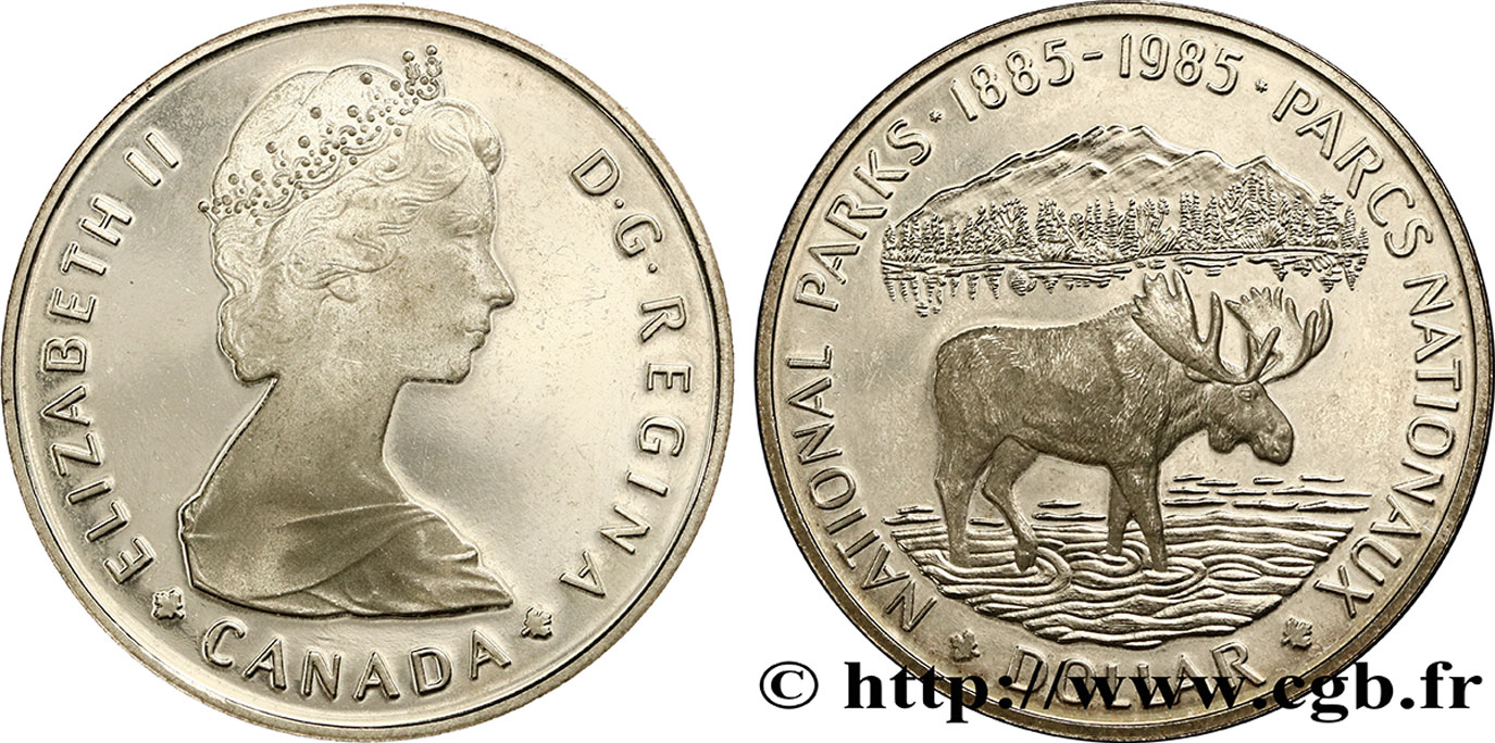 KANADA 1 Dollar Proof Elisabeth II / 100e anniversaire de la fondation des Parcs Nationaux, élan 1985  VZ 