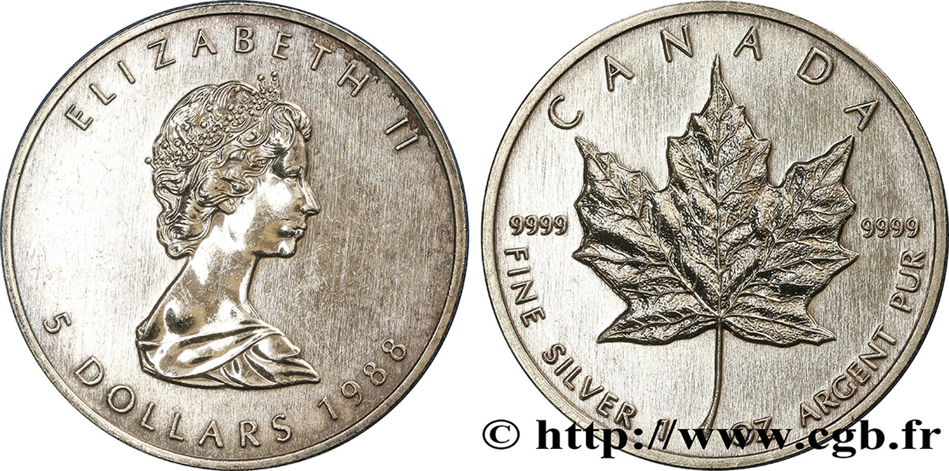 CANADA 5 Dollars (1 once) feuille d’érable / Elisabeth II 1988  SUP 