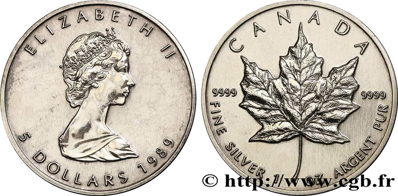CANADA 5 Dollars (1 once) feuille d’érable / Elisabeth II 1989  SUP 
