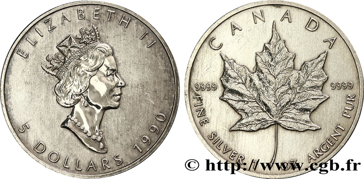 CANADá
 5 Dollars (1 once) Proof feuille d’érable / Elisabeth II 1990  EBC 