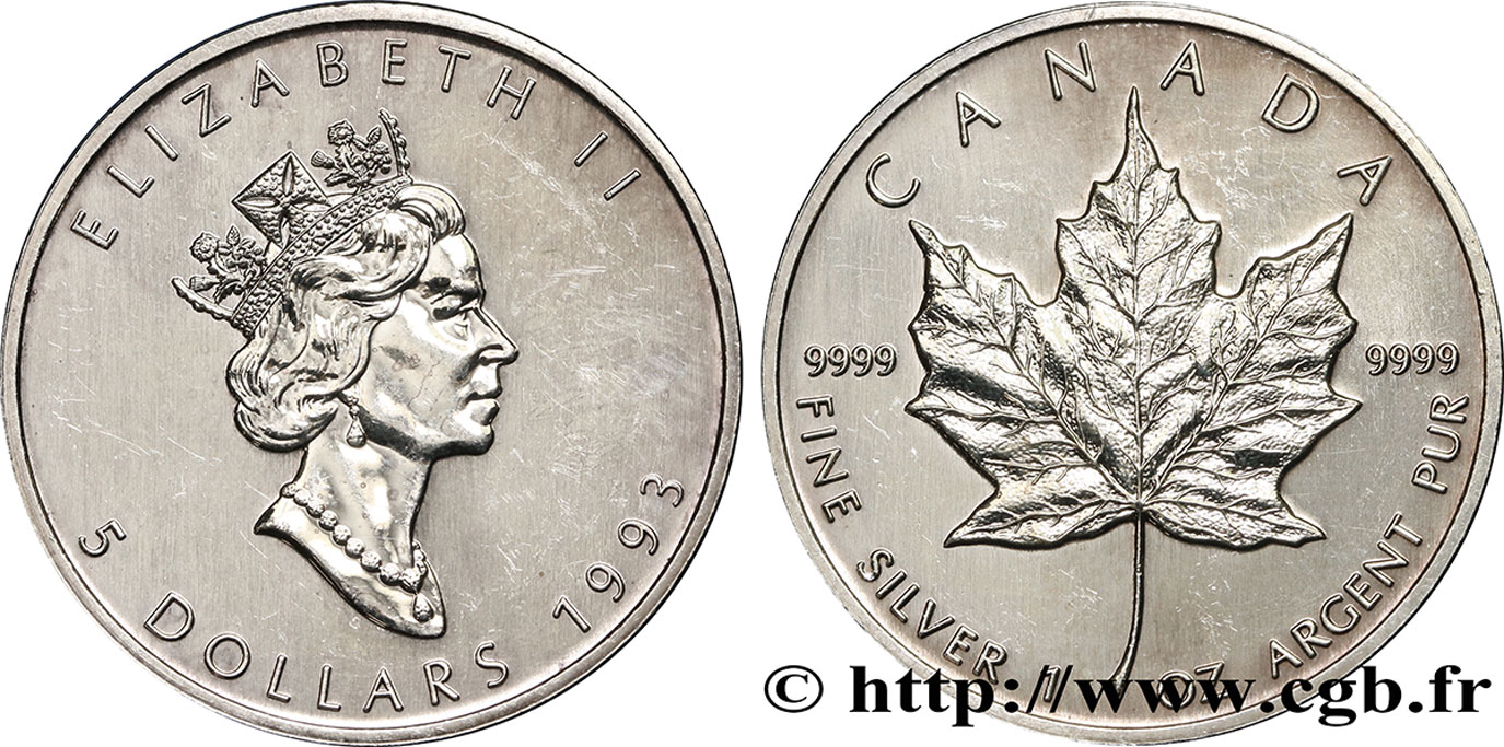 CANADA 5 Dollars (1 once) feuille d’érable / Elisabeth II 1993  SUP 