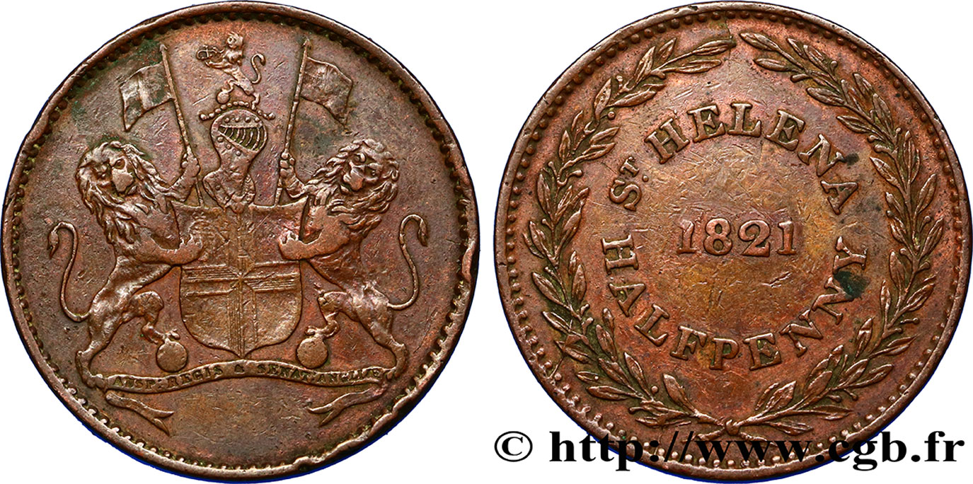 SAINTE HÉLÈNE 1/2 Penny (Half Penny) Armes de la Compagnie britannique des Indes Orientales 1821  TB+ 