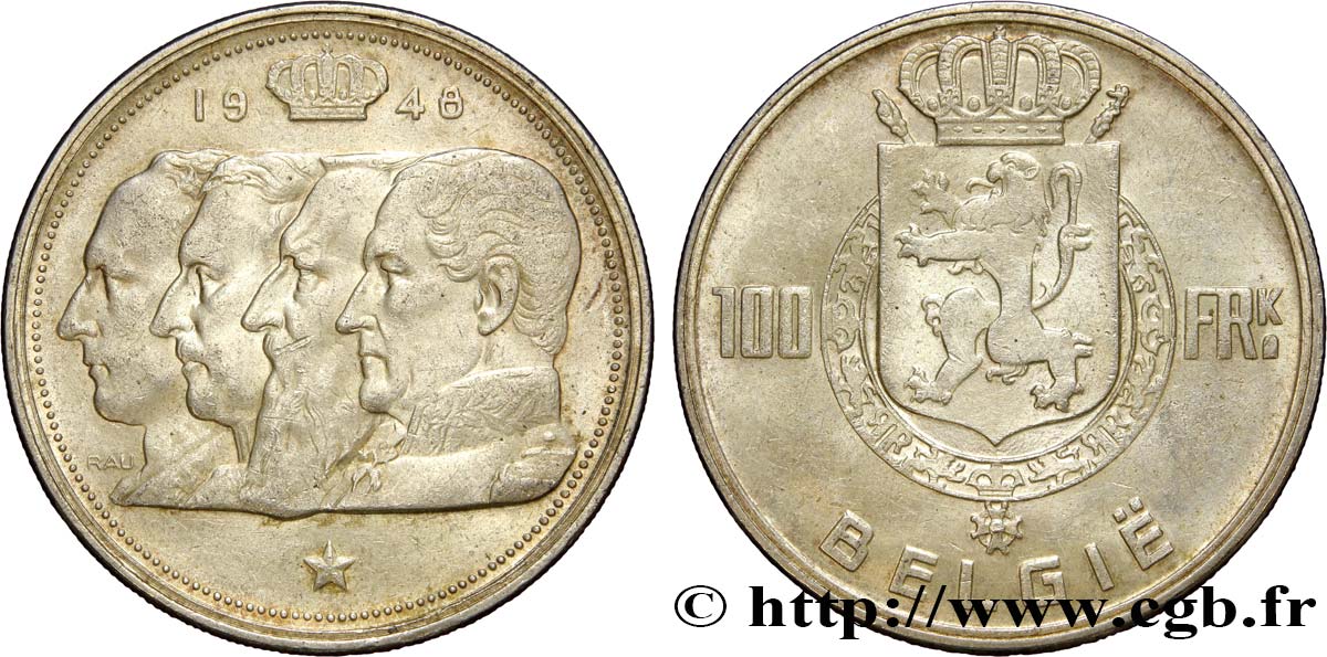 BELGIQUE 100 Francs bustes des quatre rois de Belgique, légende flamande 1948  TTB+ 