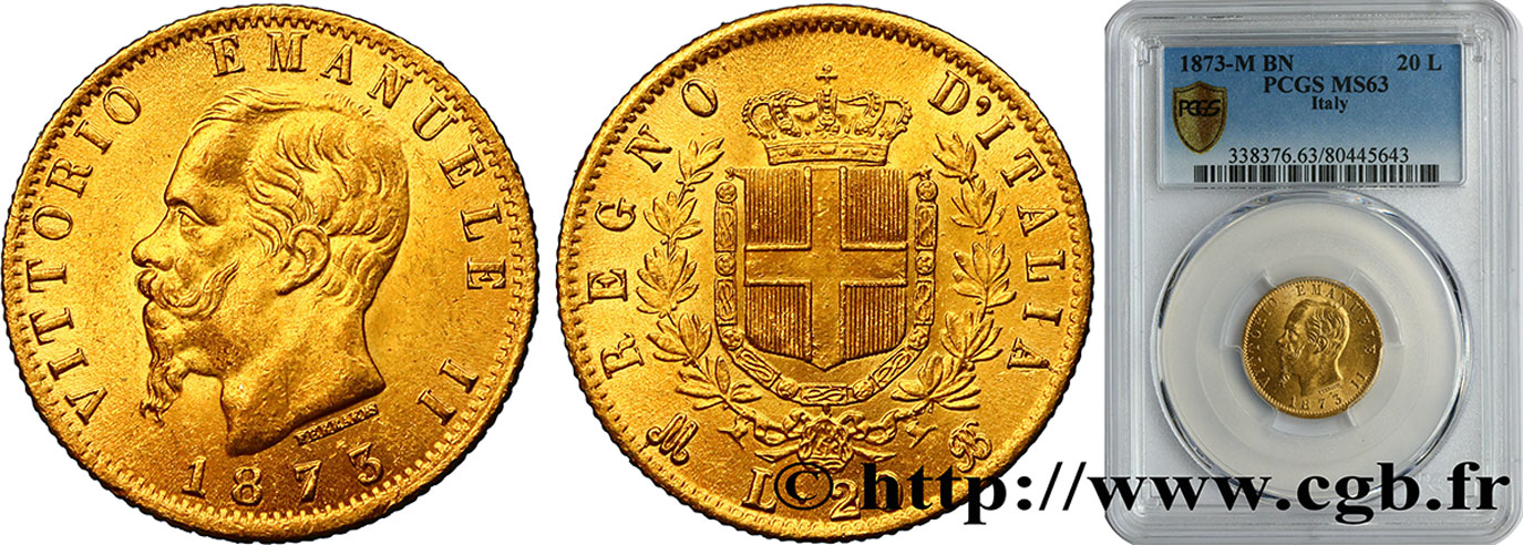 ITALIA 20 Lire Victor Emmanuel II 1873 Milan SC63 PCGS