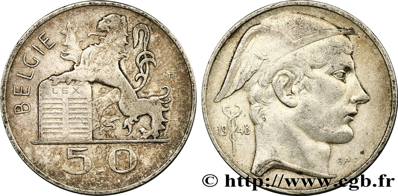 BELGIQUE 50 Francs lion posé sur les tables de la loi / Mercure légende flamande 1948  TTB 
