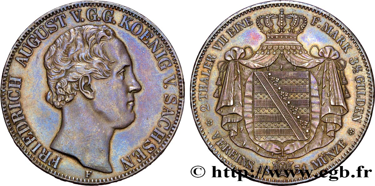 ALLEMAGNE - SAXE 2 Thalers Frédéric-Auguste II 1851 Dresde TTB+ 