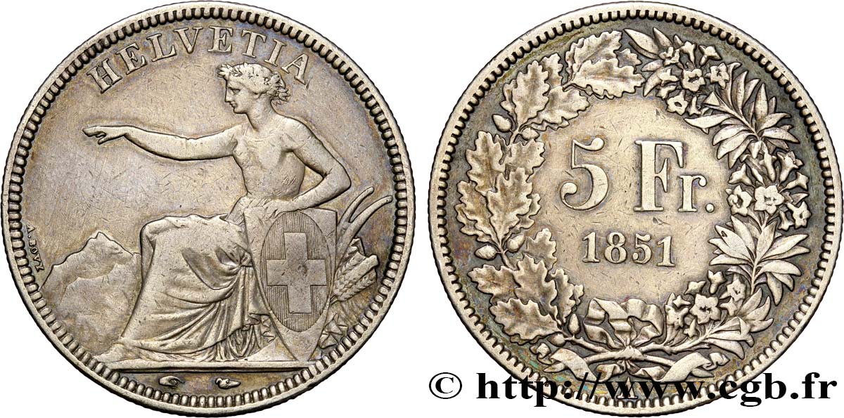 SUISSE 5 Francs Helvetia assise 1851 Paris TTB 